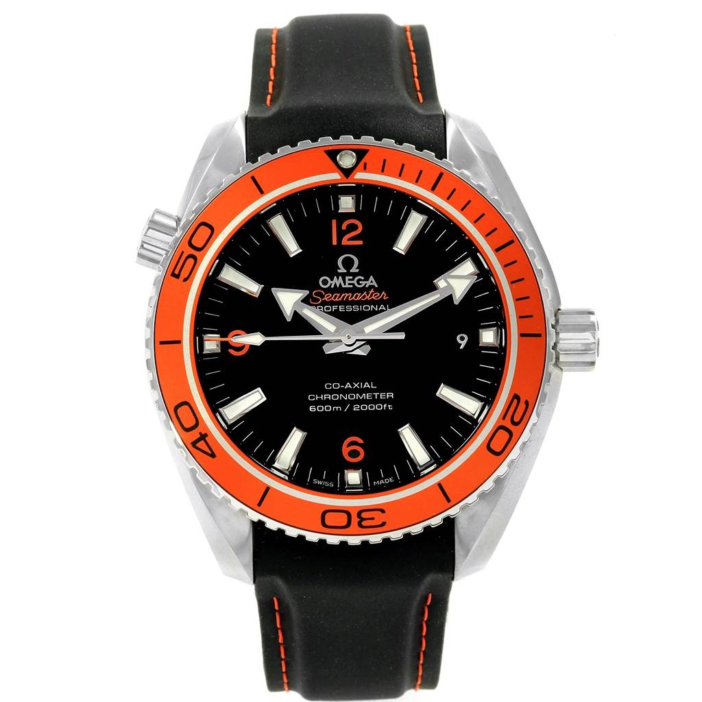 The image shows a frontal view of the Omega Planet Ocean 232.32.42.21.01.001 Men
s Stainless Steel Black Dial 232.32.42.21.01.001 Men
s Stainless Steel Black Dial watch, highlighting the dial, bezel, crown, and strap.