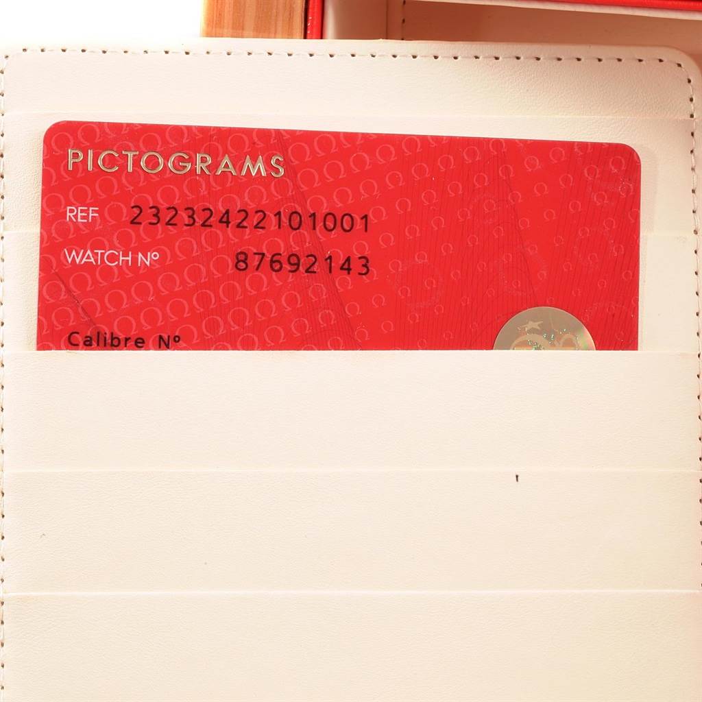 The image shows a red plastic Pictograms card for the Omega Planet Ocean 232.32.42.21.01.001 Men
s Stainless Steel Black Dial 232.32.42.21.01.001 Men
s Stainless Steel Black Dial watch model.