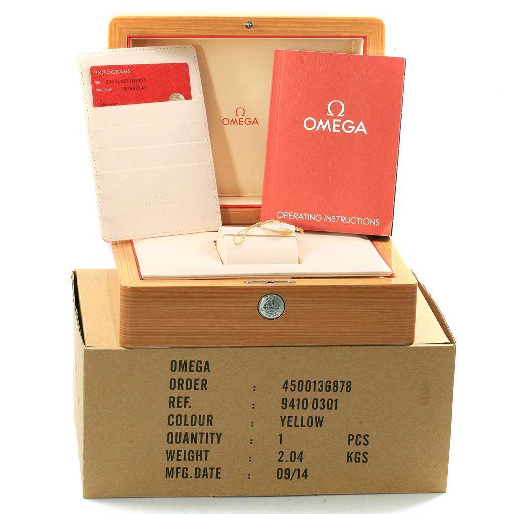 This image shows the packaging, operating instructions, and warranty card for an Omega Planet Ocean 232.32.42.21.01.001 Men
s Stainless Steel Black Dial 232.32.42.21.01.001 Men
s Stainless Steel Black Dial model watch.