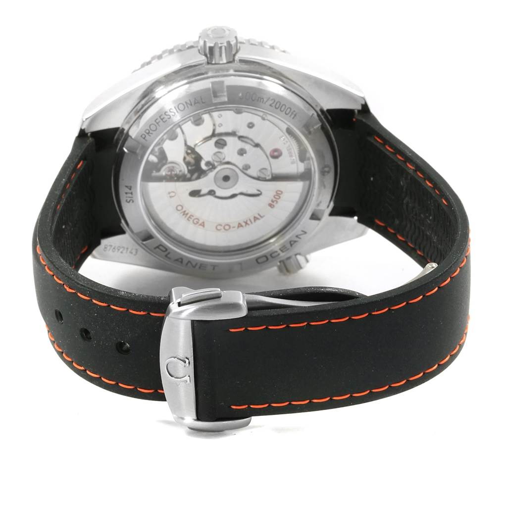 The image shows the back view of the Omega Planet Ocean 232.32.42.21.01.001 Men
s Stainless Steel Black Dial 232.32.42.21.01.001 Men
s Stainless Steel Black Dial watch, displaying the movement and strap with buckle.