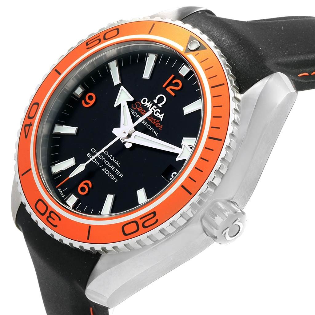 The image shows a close-up of the Omega Planet Ocean 232.32.42.21.01.001 Men
s Stainless Steel Black Dial 232.32.42.21.01.001 Men
s Stainless Steel Black Dial watch, highlighting the orange bezel, crown, and part of the black strap.