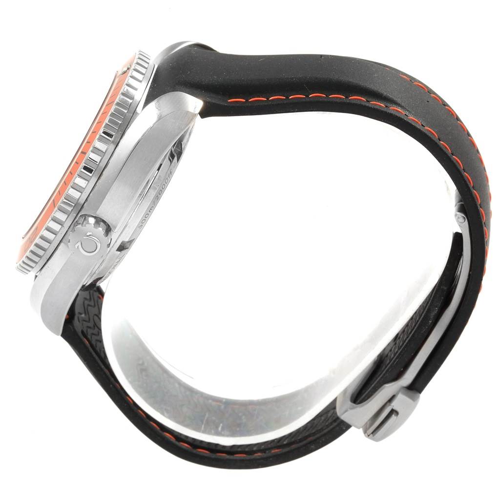 Side view of the Omega Planet Ocean 232.32.42.21.01.001 Men
s Stainless Steel Black Dial 232.32.42.21.01.001 Men
s Stainless Steel Black Dial watch, showing the bezel, case, crown, and black strap with orange stitching.