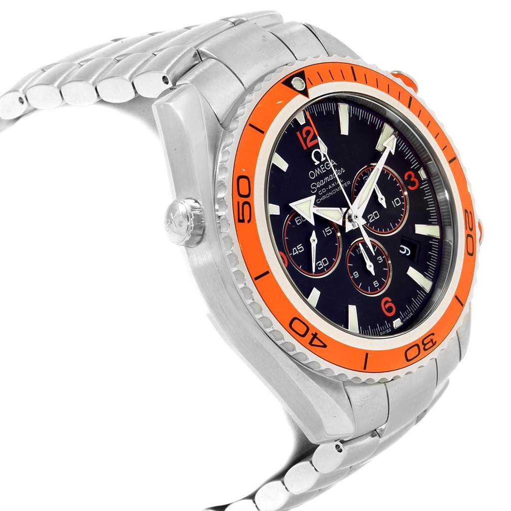 The Omega Planet Ocean 2218.50.00 Men
s Stainless Steel Black Dial 2218.50.00 Men
s Stainless Steel Black Dial watch is shown at an angle, displaying its dial, bezel, crown, and bracelet.