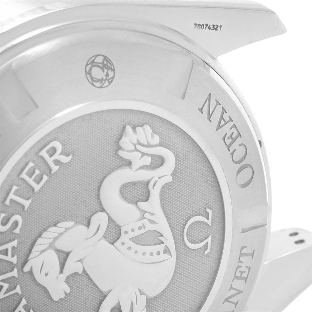 The image shows the back case of an Omega Planet Ocean 2218.50.00 Men
s Stainless Steel Black Dial 2218.50.00 Men
s Stainless Steel Black Dial watch, featuring an engraved seahorse and text.