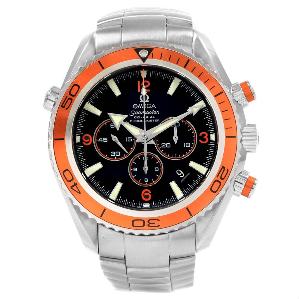 The image shows a frontal view of the Omega Planet Ocean 2218.50.00 Men
s Stainless Steel Black Dial 2218.50.00 Men
s Stainless Steel Black Dial watch, highlighting the bezel, dial, hands, and chronograph subdials.
