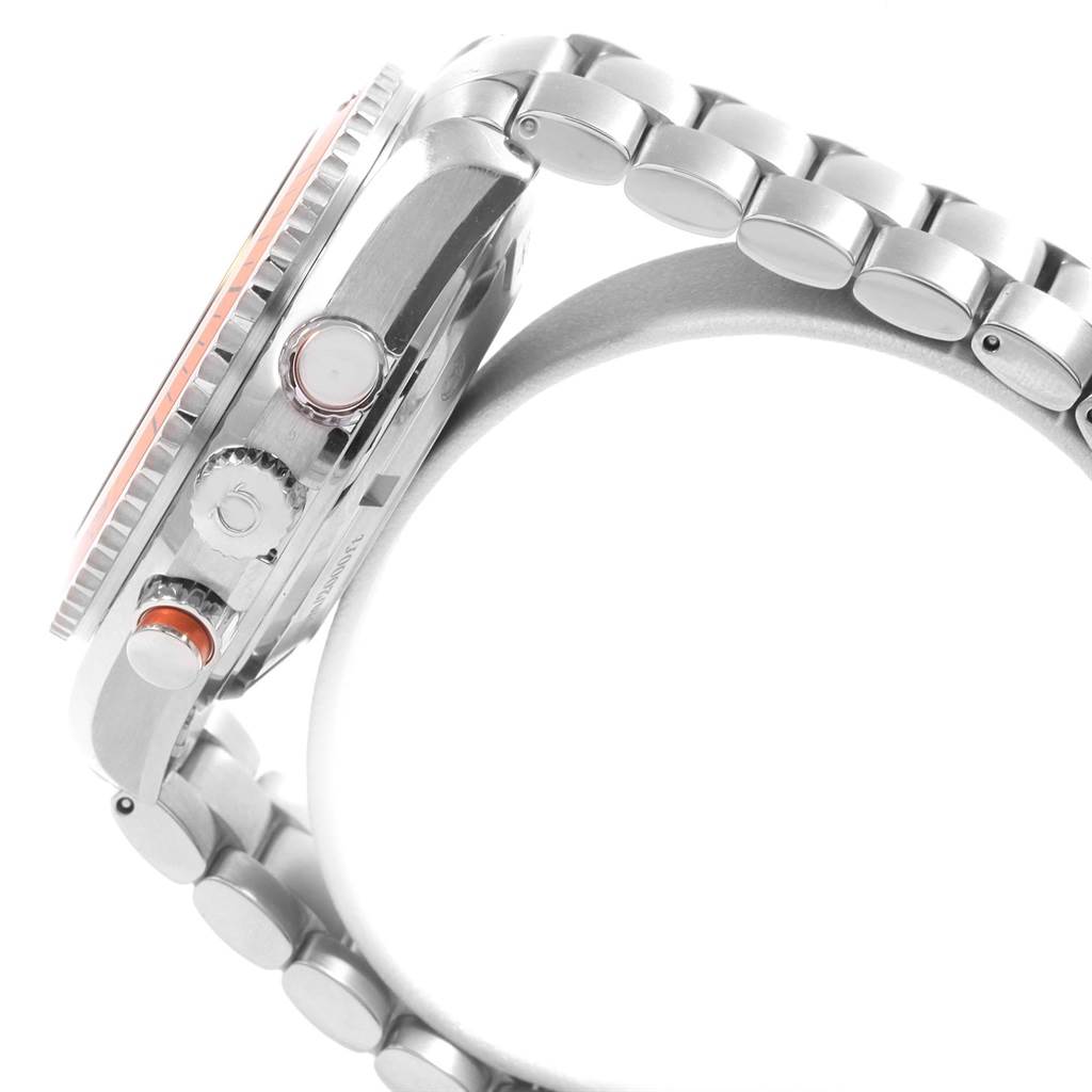 The image shows a side view of the Omega Planet Ocean 2218.50.00 Men
s Stainless Steel Black Dial 2218.50.00 Men
s Stainless Steel Black Dial watch, highlighting its buttons, crown, and metal bracelet.