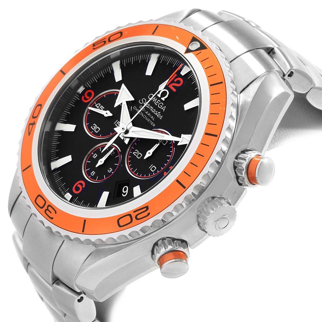 The Omega Planet Ocean 2218.50.00 Men
s Stainless Steel Black Dial 2218.50.00 Men
s Stainless Steel Black Dial watch is shown at a 3/4 angle, displaying the face, bezel, crown, and chronograph buttons.