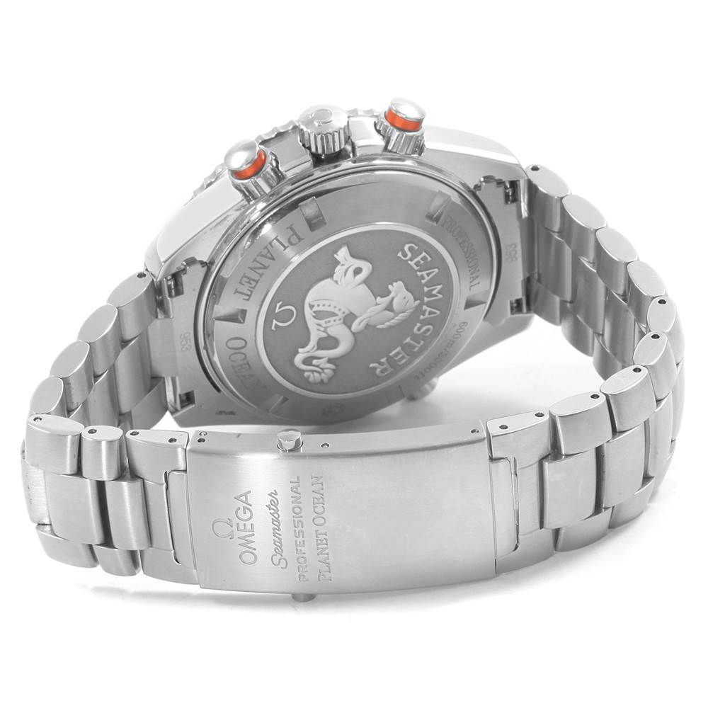The image shows the back and clasp of the Omega Seamaster Planet Ocean watch, with the brand and model clearly visible.