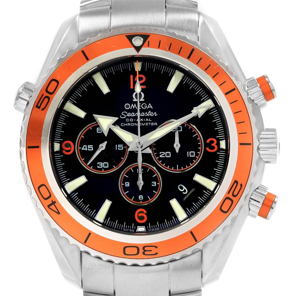 This Omega Planet Ocean 2218.50.00 Men
s Stainless Steel Black Dial 2218.50.00 Men
s Stainless Steel Black Dial Seamaster watch is shown from a front angle, highlighting its bezel, dial, and stainless steel bracelet.