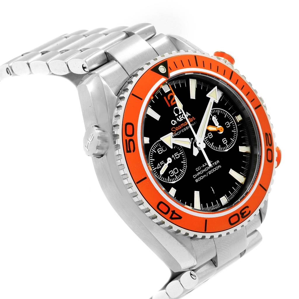 The image shows a side angle of the Omega Planet Ocean 232.30.46.51.01.002 Men
s Stainless Steel Black Dial 232.30.46.51.01.002 Men
s Stainless Steel Black Dial watch, displaying the dial, bezel, crown, and metal bracelet.