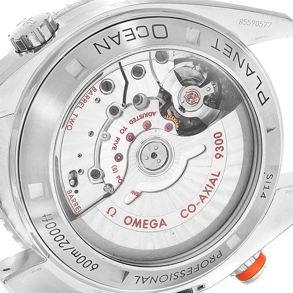 This image shows the open back of an Omega Planet Ocean 232.30.46.51.01.002 Men
s Stainless Steel Black Dial 232.30.46.51.01.002 Men
s Stainless Steel Black Dial watch, highlighting its co-axial movement mechanism.