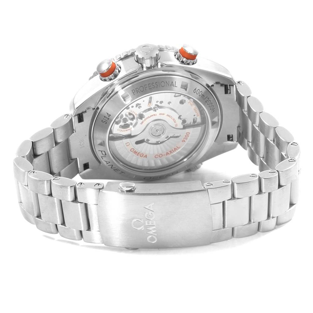 The image displays the back case and bracelet of the Omega Planet Ocean 232.30.46.51.01.002 Men
s Stainless Steel Black Dial 232.30.46.51.01.002 Men
s Stainless Steel Black Dial watch, showing the movement and clasp.