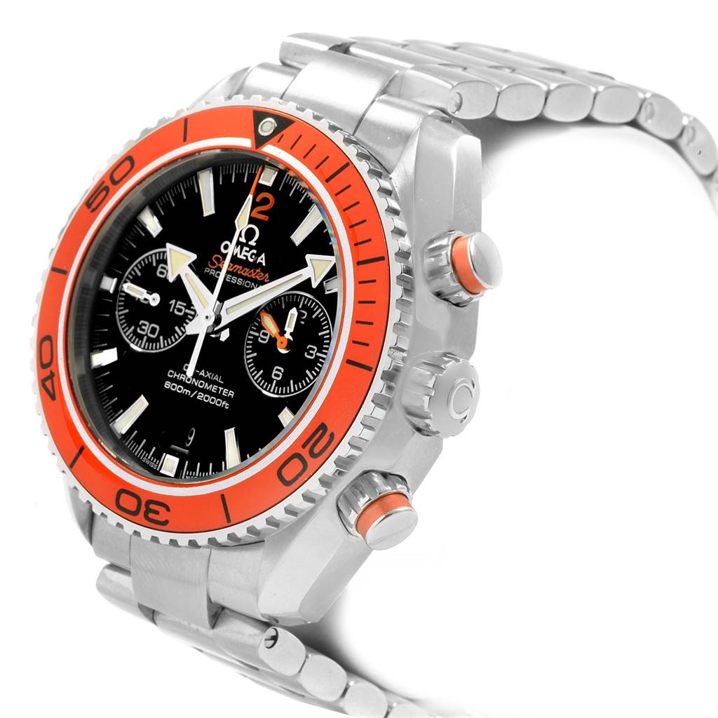 This image shows a side view of the Omega Planet Ocean 232.30.46.51.01.002 Men
s Stainless Steel Black Dial 232.30.46.51.01.002 Men
s Stainless Steel Black Dial watch, highlighting the crown, bezel, chronograph buttons, and partial bracelet.