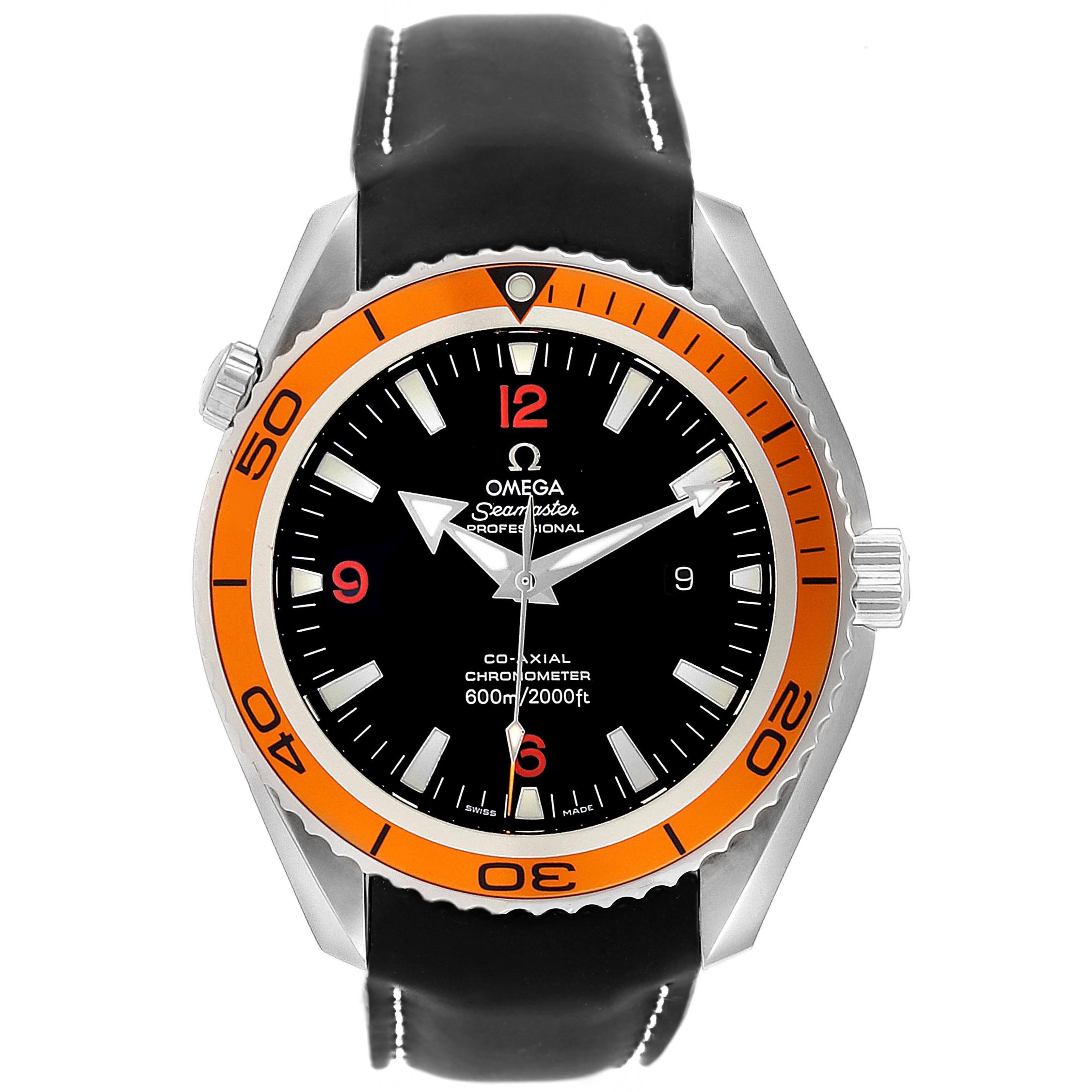 The image shows a front view of an Omega Planet Ocean 232.32.42.21.01.001 Men
s Stainless Steel Black Dial 232.32.42.21.01.001 Men
s Stainless Steel Black Dial model watch with an orange bezel and black strap.