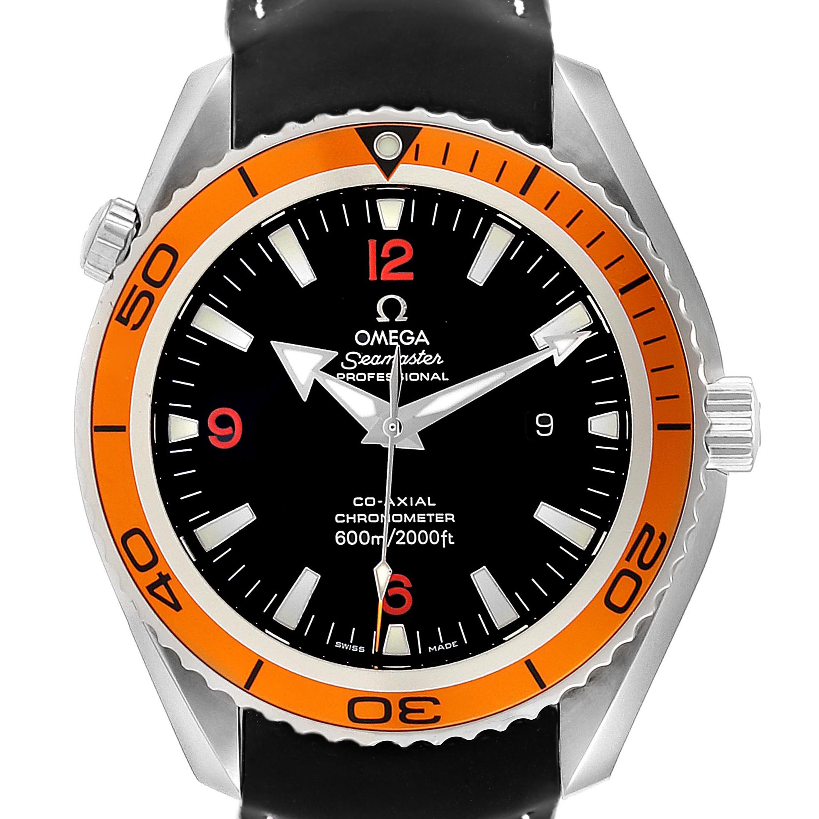 The image shows a front view of the Omega Planet Ocean 232.32.42.21.01.001 Men
s Stainless Steel Black Dial 232.32.42.21.01.001 Men
s Stainless Steel Black Dial watch, highlighting its orange bezel and black dial.