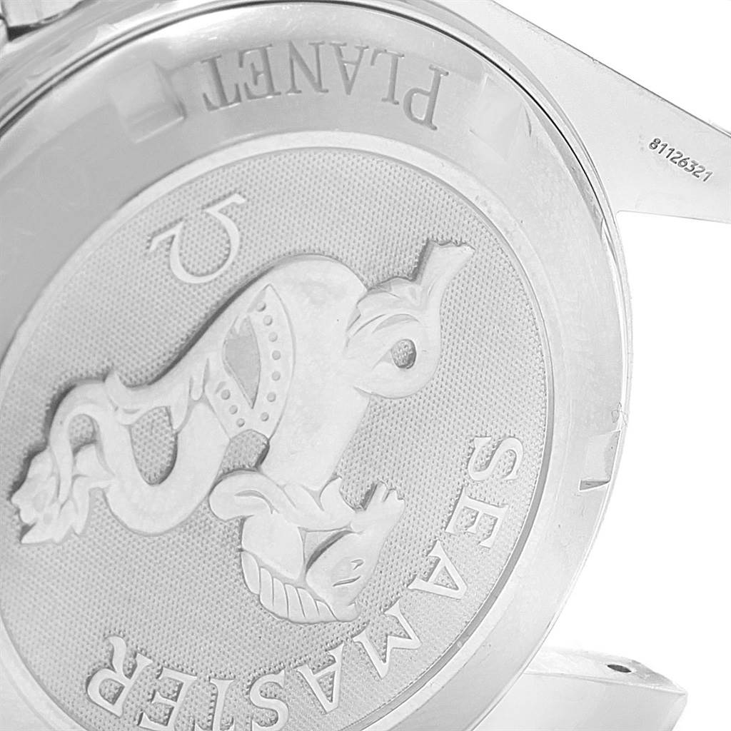 The image shows the case back of an Omega Planet Ocean 232.32.42.21.01.001 Men
s Stainless Steel Black Dial 232.32.42.21.01.001 Men
s Stainless Steel Black Dial watch, highlighting the Seamaster engraving and logo.