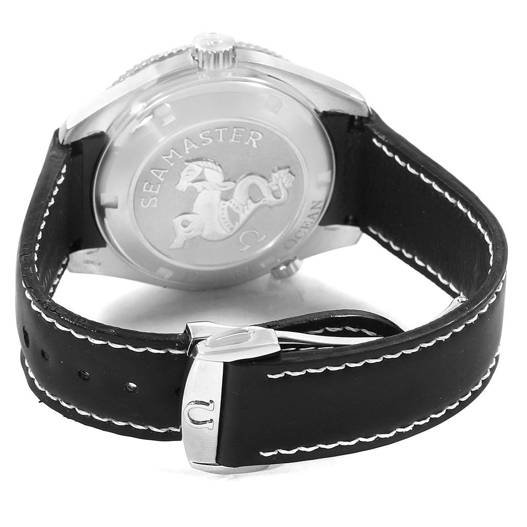 The image shows the back case and strap of the Omega Planet Ocean 232.32.42.21.01.001 Men
s Stainless Steel Black Dial 232.32.42.21.01.001 Men
s Stainless Steel Black Dial watch from the Seamaster series.