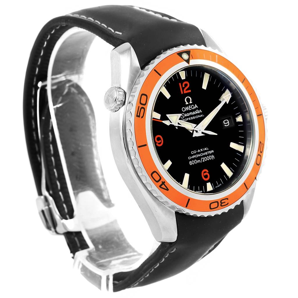 The image shows an Omega Planet Ocean 232.32.42.21.01.001 Men
s Stainless Steel Black Dial 232.32.42.21.01.001 Men
s Stainless Steel Black Dial watch at an angle highlighting the bezel, dial, case, and strap.