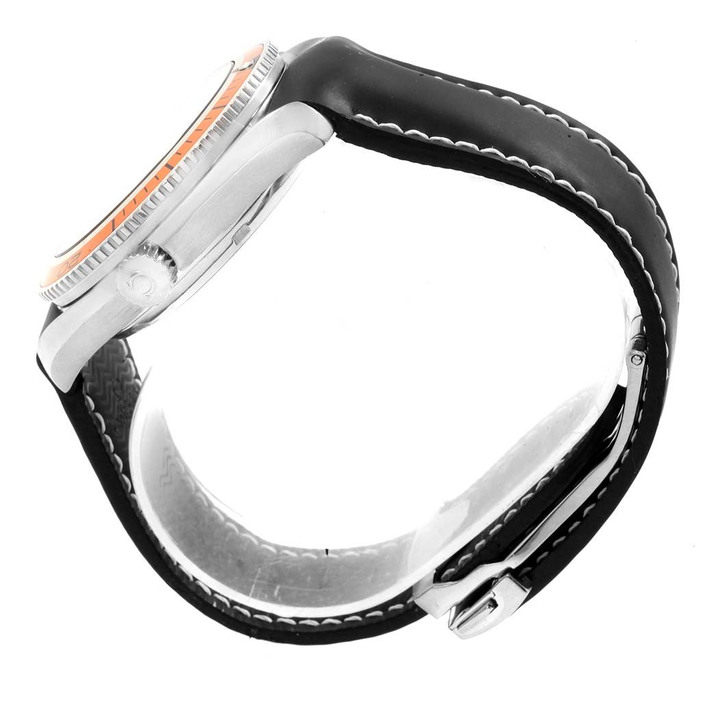 The image shows a side angle of an Omega Planet Ocean 232.32.42.21.01.001 Men
s Stainless Steel Black Dial 232.32.42.21.01.001 Men
s Stainless Steel Black Dial watch, highlighting the case, crown, and strap.