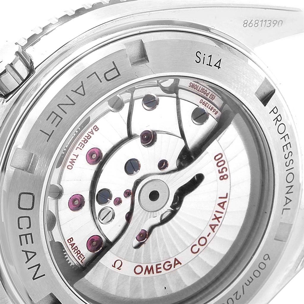 The image shows a close-up view of the Omega Planet Ocean 232.30.46.21.01.001 Men
s Stainless Steel Black Dial 232.30.46.21.01.001 Men
s Stainless Steel Black Dial watch
s back, revealing the internal mechanism and model details.