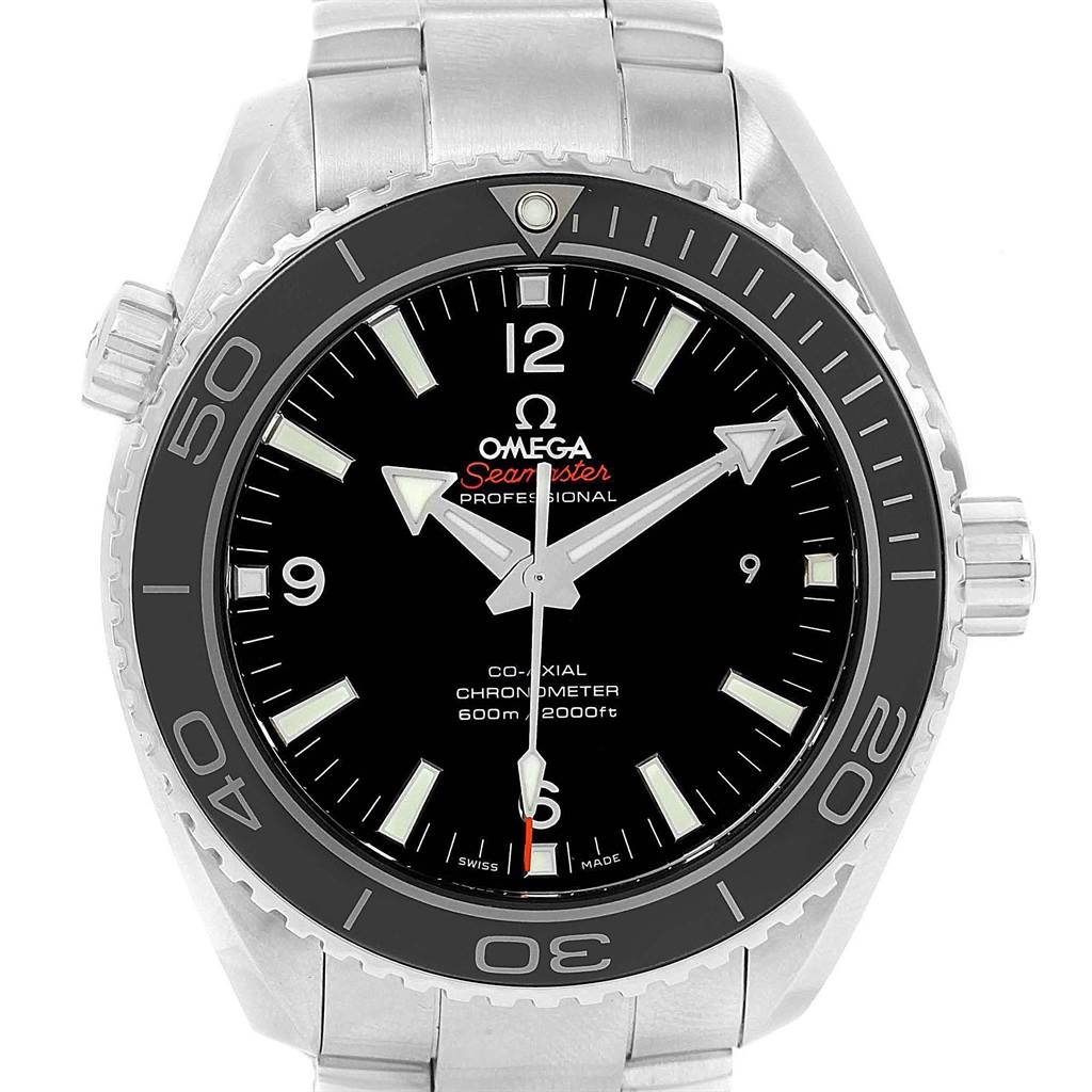 The image shows a frontal view of the Omega Planet Ocean 232.30.46.21.01.001 Men
s Stainless Steel Black Dial 232.30.46.21.01.001 Men
s Stainless Steel Black Dial Seamaster Professional watch, highlighting the dial, bezel, and stainless steel bracelet.
