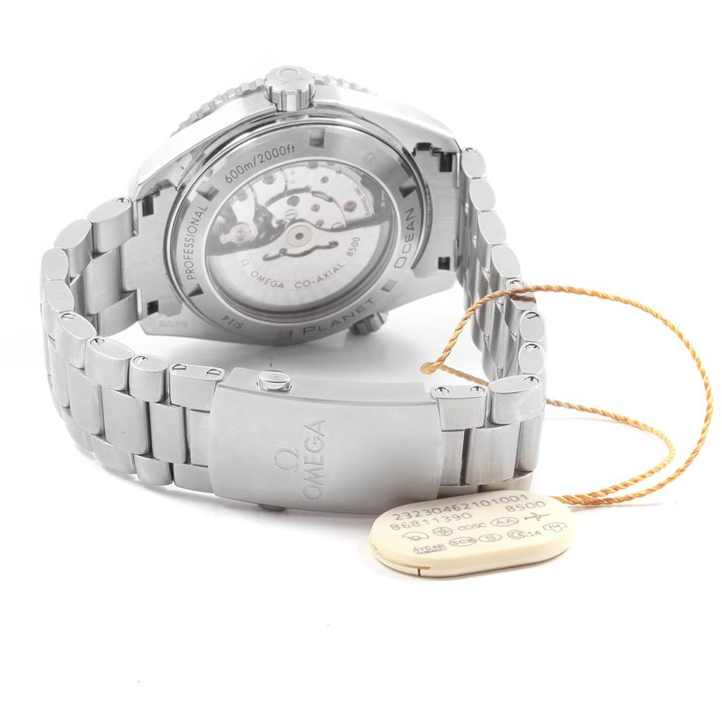 The image shows the back view of the Omega Planet Ocean 232.30.46.21.01.001 Men
s Stainless Steel Black Dial 232.30.46.21.01.001 Men
s Stainless Steel Black Dial watch, highlighting the bracelet, clasp, and case back with its movement visible.