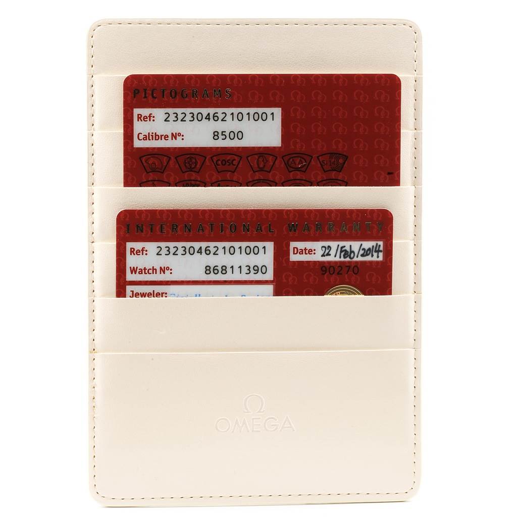 This image shows the warranty cards and pictograms for the Omega Planet Ocean 232.30.46.21.01.001 Men
s Stainless Steel Black Dial 232.30.46.21.01.001 Men
s Stainless Steel Black Dial model, placed in a white leather card holder.