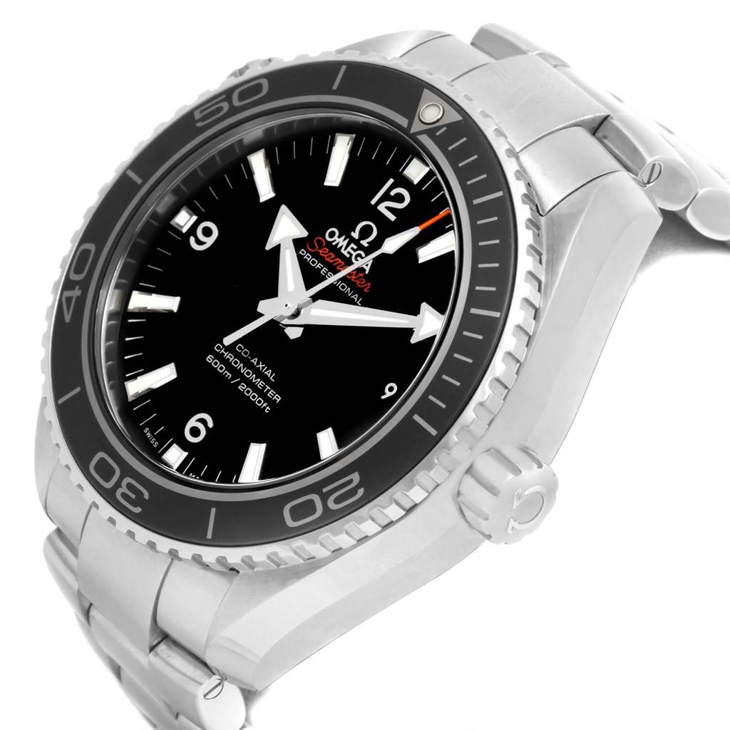 The Omega Planet Ocean 232.30.46.21.01.001 Men
s Stainless Steel Black Dial 232.30.46.21.01.001 Men
s Stainless Steel Black Dial watch is shown at an angled view, highlighting the dial, bezel, crown, and bracelet.