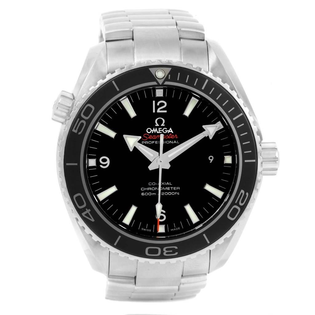 The image shows a front view of the Omega Planet Ocean 232.30.46.21.01.001 Men
s Stainless Steel Black Dial 232.30.46.21.01.001 Men
s Stainless Steel Black Dial watch, highlighting its face, bezel, and bracelet.