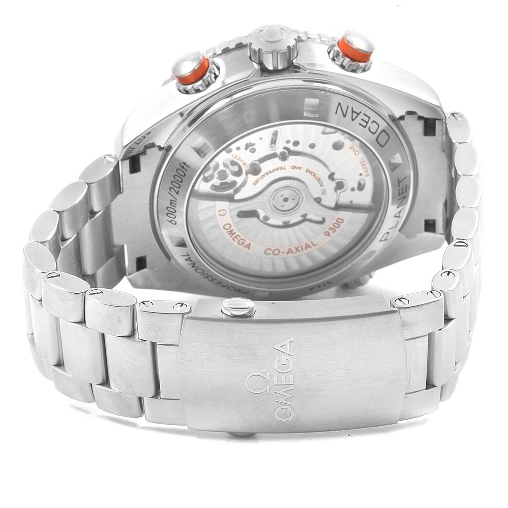 The image shows the back view of the Omega Planet Ocean 232.30.46.51.01.002 Men
s Stainless Steel Black Dial 232.30.46.51.01.002 Men
s Stainless Steel Black Dial watch, highlighting its movement, case back, and bracelet.