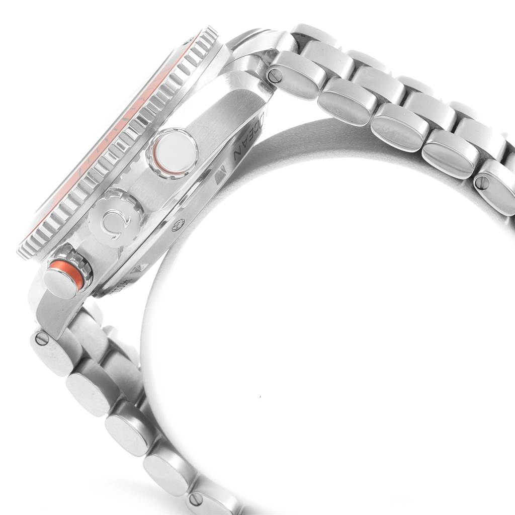 The image shows a side profile of the Omega Planet Ocean 232.30.46.51.01.002 Men
s Stainless Steel Black Dial 232.30.46.51.01.002 Men
s Stainless Steel Black Dial watch, highlighting its case, crown, pushers, and metal bracelet.