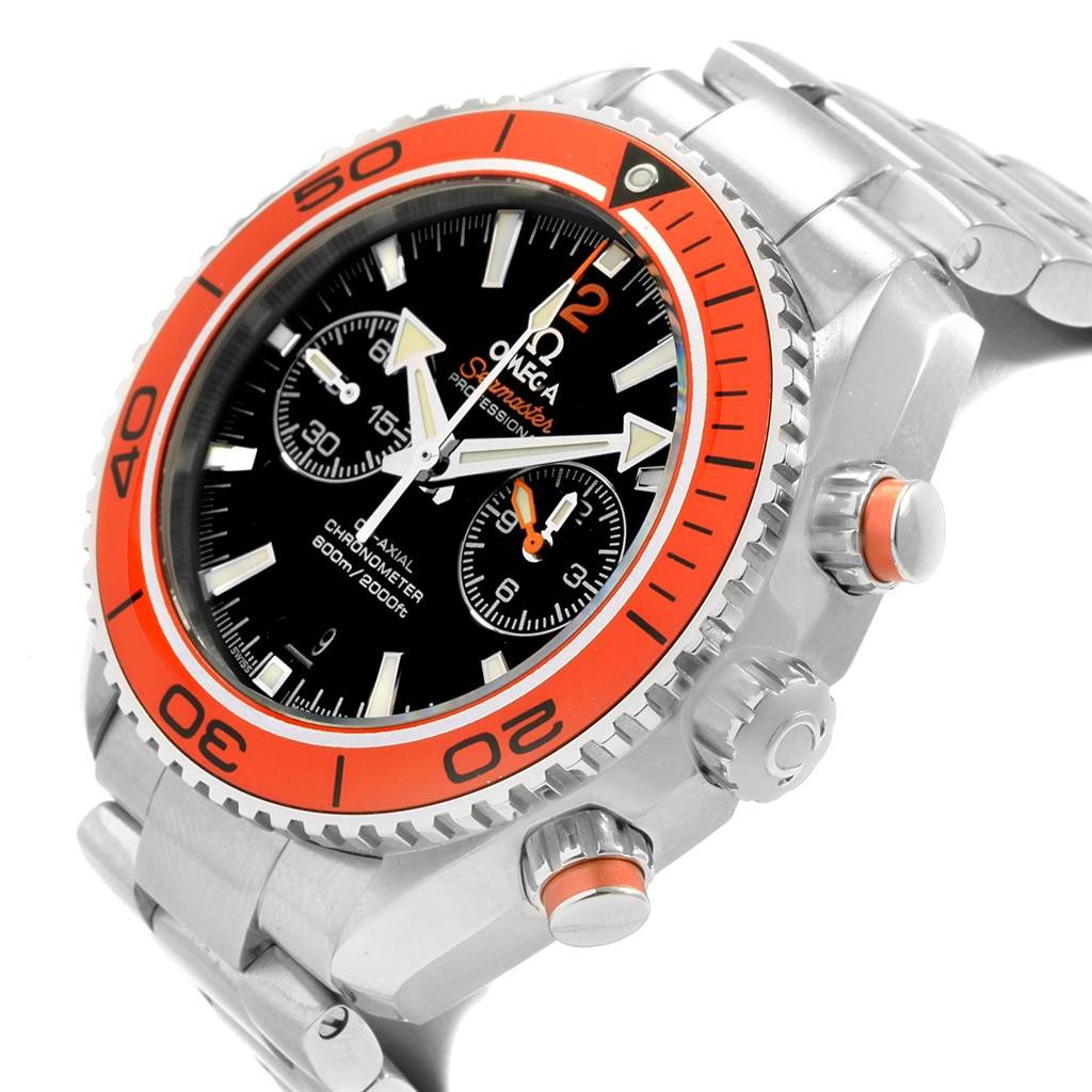 This image shows a three-quarters side view of the Omega Planet Ocean 232.30.46.51.01.002 Men
s Stainless Steel Black Dial 232.30.46.51.01.002 Men
s Stainless Steel Black Dial watch, highlighting its orange bezel and chronograph dials.