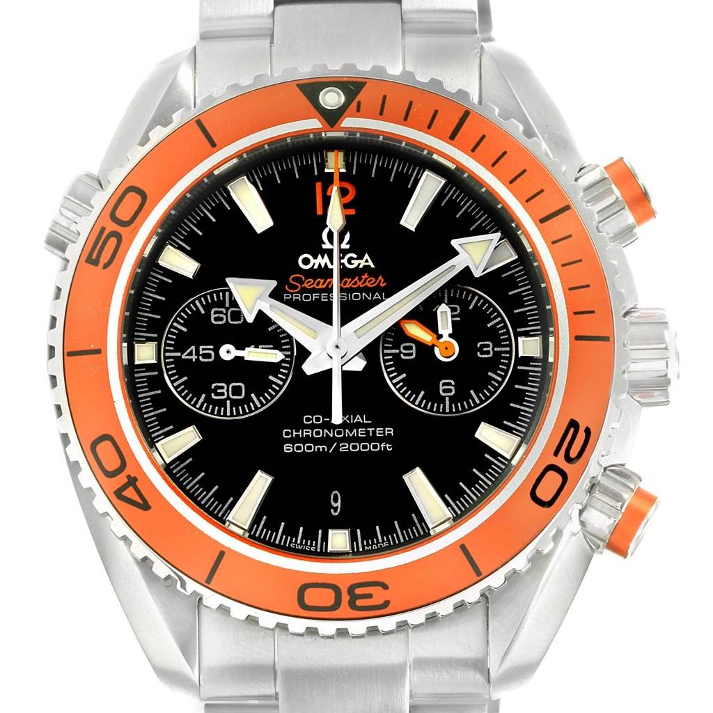 The Omega Planet Ocean 232.30.46.51.01.002 Men
s Stainless Steel Black Dial 232.30.46.51.01.002 Men
s Stainless Steel Black Dial watch is shown from the front, featuring its face, bezel, and part of the bracelet.