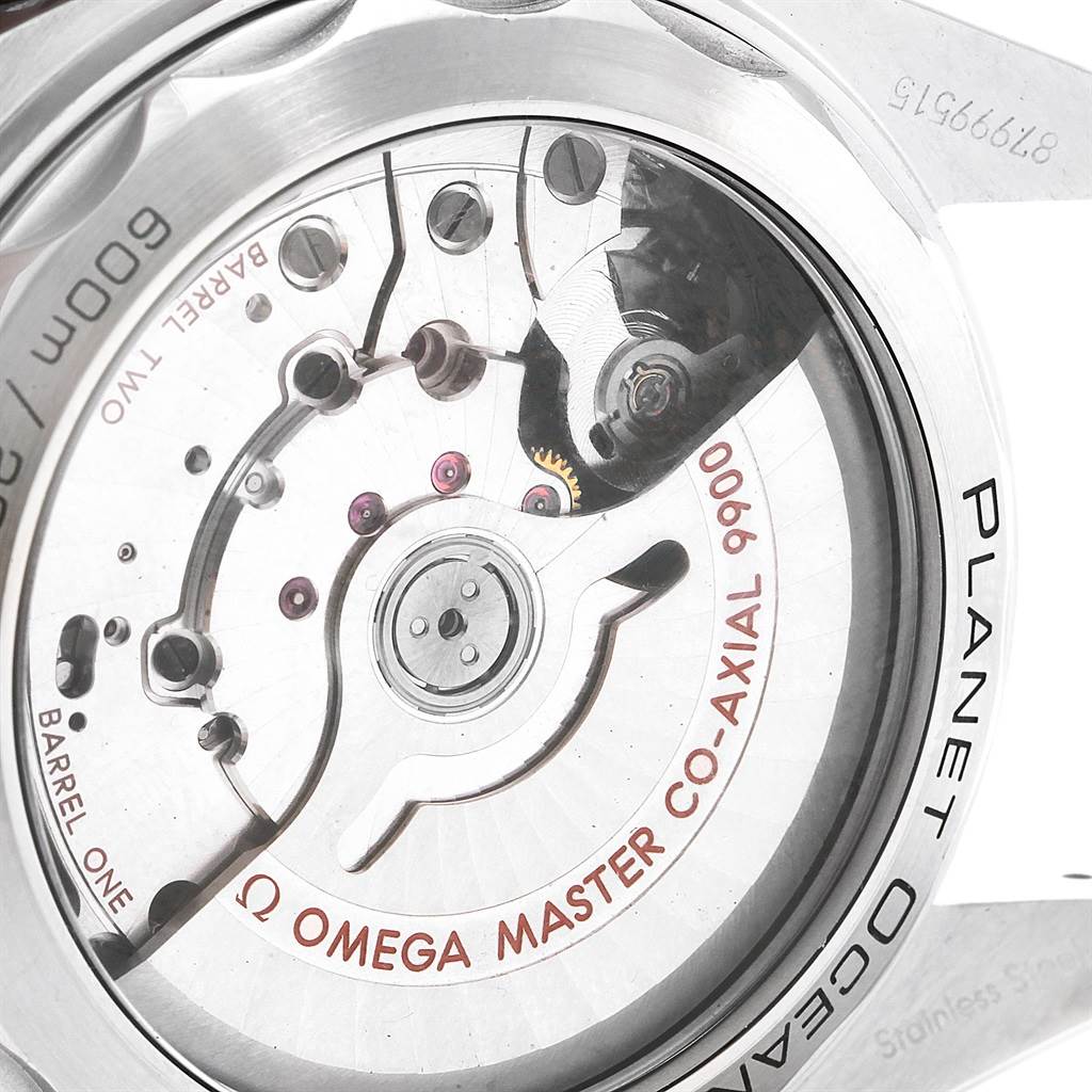 The image shows the back view of the Omega Planet Ocean 215.33.46.51.01.001 Men
s Stainless Steel Black Dial 215.33.46.51.01.001 Men
s Stainless Steel Black Dial model, highlighting the exposed movement mechanism.