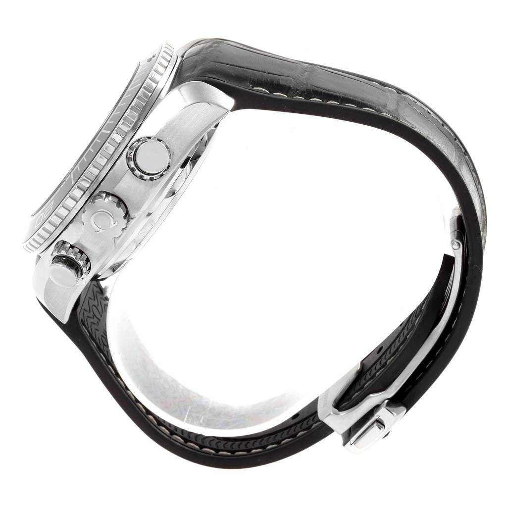 The image shows a side view of an Omega Planet Ocean 215.33.46.51.01.001 Men
s Stainless Steel Black Dial 215.33.46.51.01.001 Men
s Stainless Steel Black Dial watch, highlighting the crown, pushers, case, and part of the strap.