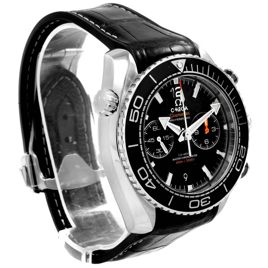 The Omega Planet Ocean 215.33.46.51.01.001 Men
s Stainless Steel Black Dial 215.33.46.51.01.001 Men
s Stainless Steel Black Dial watch is shown at a 3/4 angle, displaying its face, bezel, crown, and leather strap.