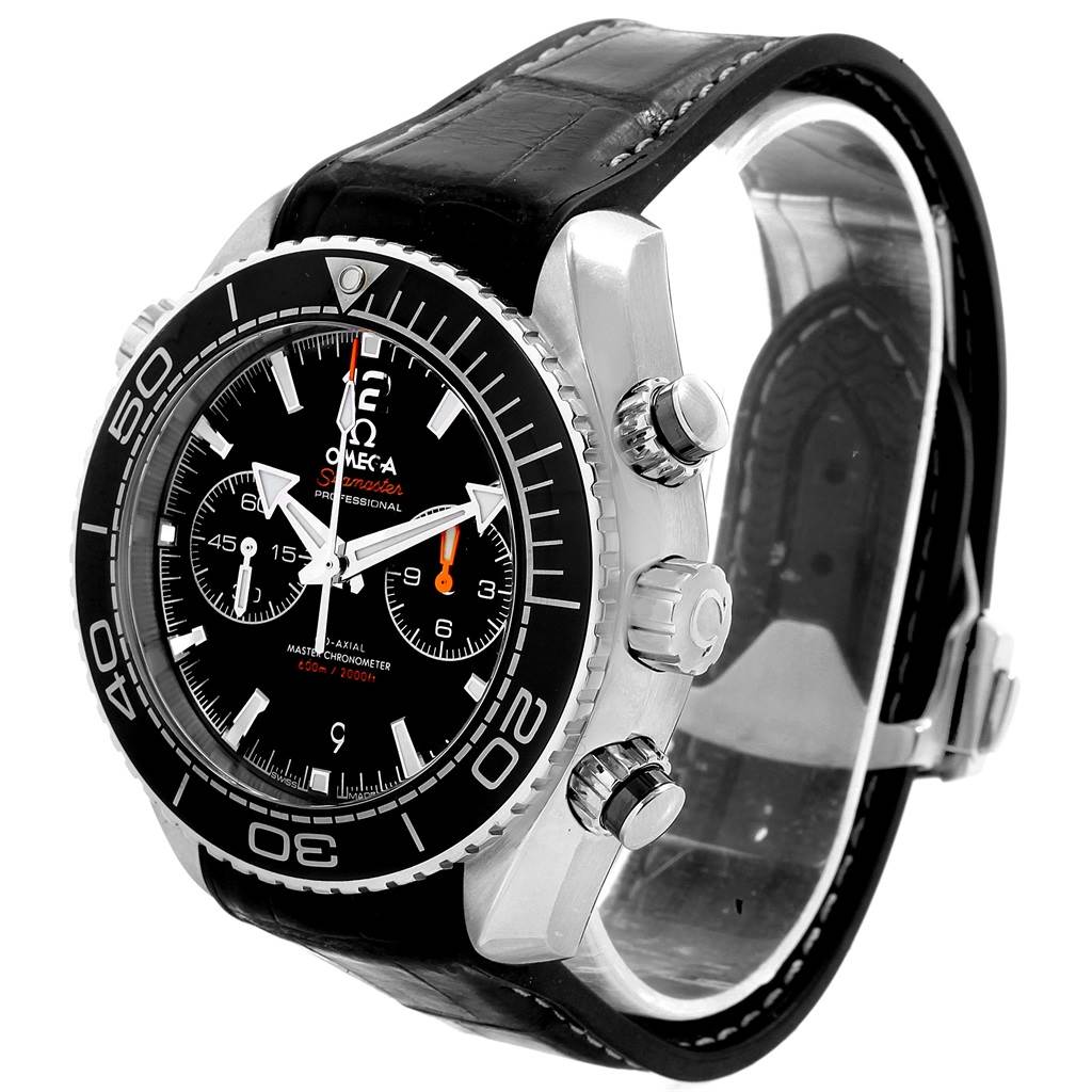 This image shows a side profile and front view of the Omega Planet Ocean 215.33.46.51.01.001 Men
s Stainless Steel Black Dial 215.33.46.51.01.001 Men
s Stainless Steel Black Dial watch, highlighting the bezel and crown.