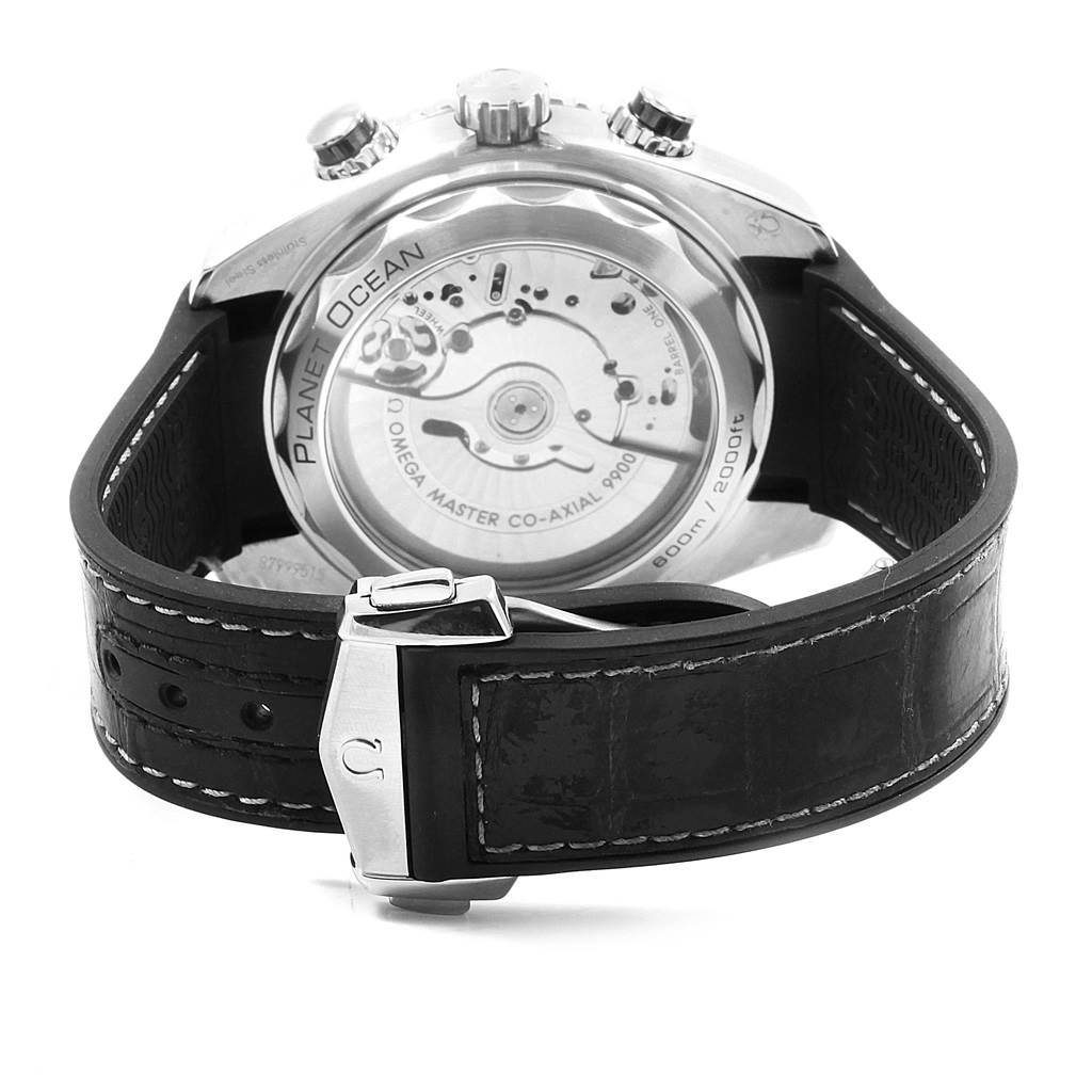 The image shows the back view of an Omega Planet Ocean 215.33.46.51.01.001 Men
s Stainless Steel Black Dial 215.33.46.51.01.001 Men
s Stainless Steel Black Dial watch, featuring its movement and black leather strap with clasp.