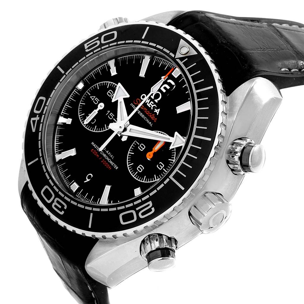 The Omega Planet Ocean 215.33.46.51.01.001 Men
s Stainless Steel Black Dial 215.33.46.51.01.001 Men
s Stainless Steel Black Dial watch is shown at an angle displaying its bezel, dial, chronograph subdials, and crown on the right.