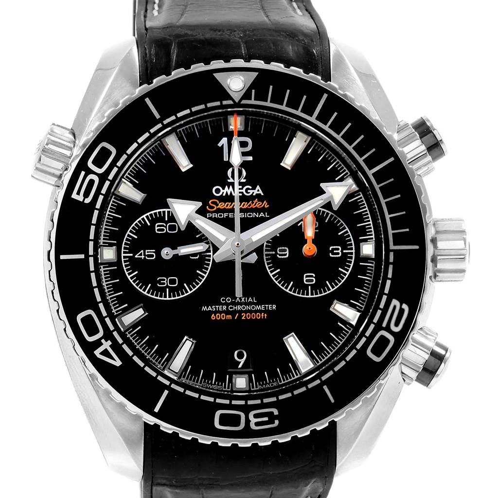 This image shows the Omega Planet Ocean 215.33.46.51.01.001 Men
s Stainless Steel Black Dial 215.33.46.51.01.001 Men
s Stainless Steel Black Dial watch face-on, highlighting the bezel, dial, markers, and subdials.