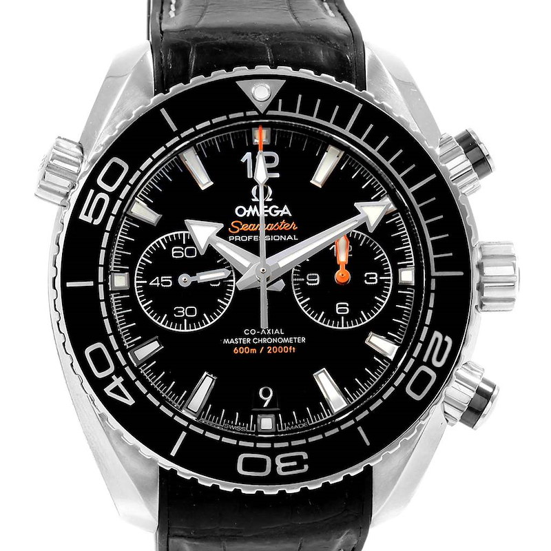 This image shows the Omega Planet Ocean watch face-on, highlighting the bezel, dial, markers, and subdials.