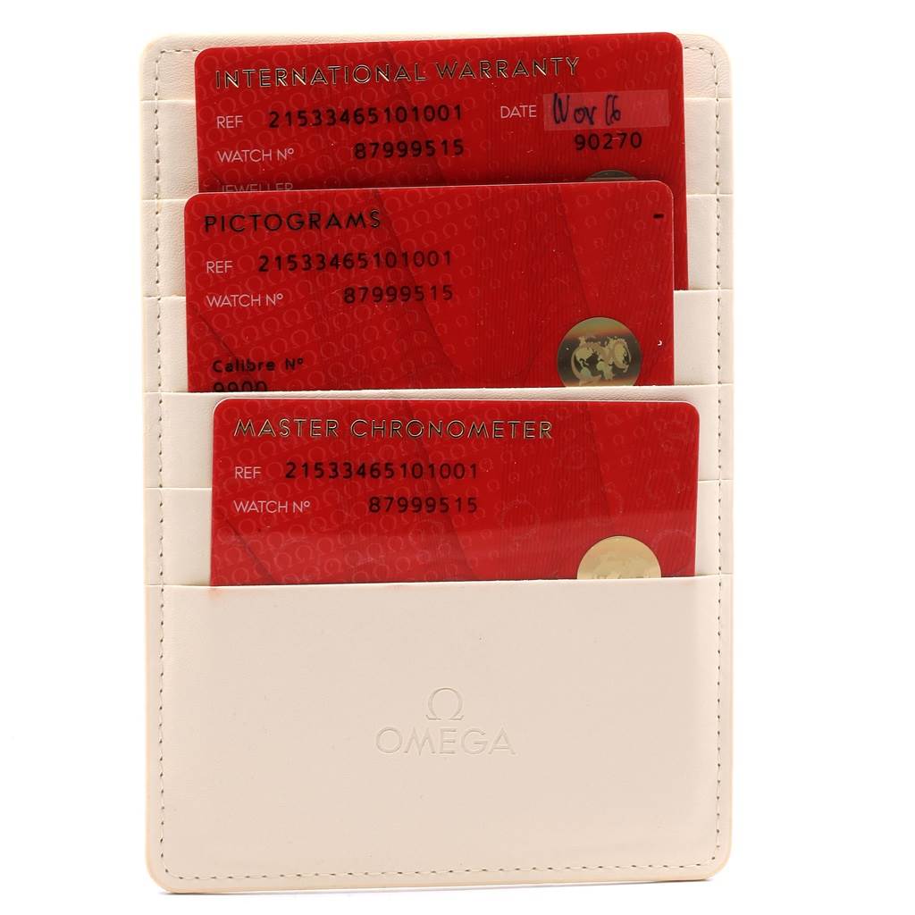 The image shows warranty, pictograms, and master chronometer cards for an Omega Planet Ocean 215.33.46.51.01.001 Men
s Stainless Steel Black Dial 215.33.46.51.01.001 Men
s Stainless Steel Black Dial watch, inside a white cardholder.