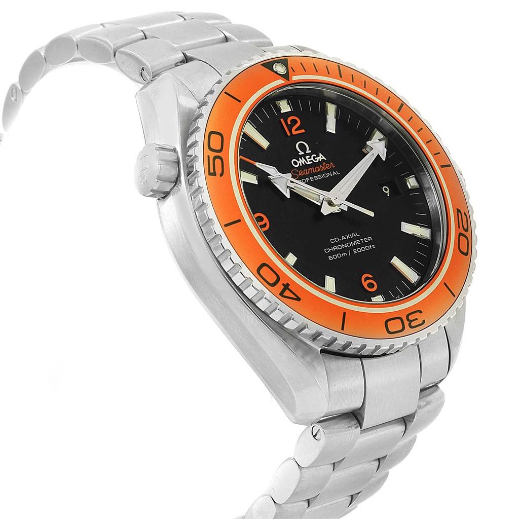 This image shows an angled view of an Omega Planet Ocean 232.30.46.21.01.002 Men
s Stainless Steel Black Dial 232.30.46.21.01.002 Men
s Stainless Steel Black Dial watch, featuring its face, bezel, crown, and bracelet.