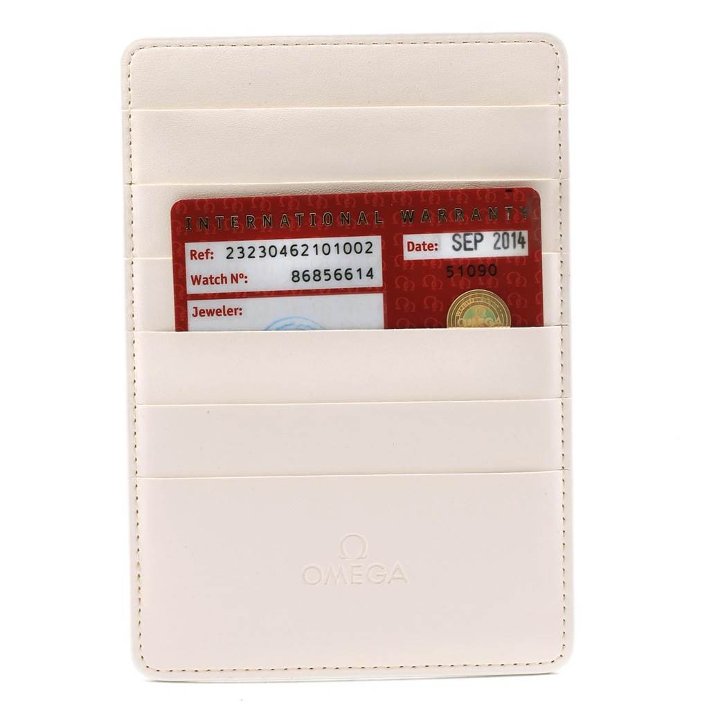 This image shows the warranty card for an Omega Planet Ocean 232.30.46.21.01.002 Men
s Stainless Steel Black Dial 232.30.46.21.01.002 Men
s Stainless Steel Black Dial watch in a white cardholder.