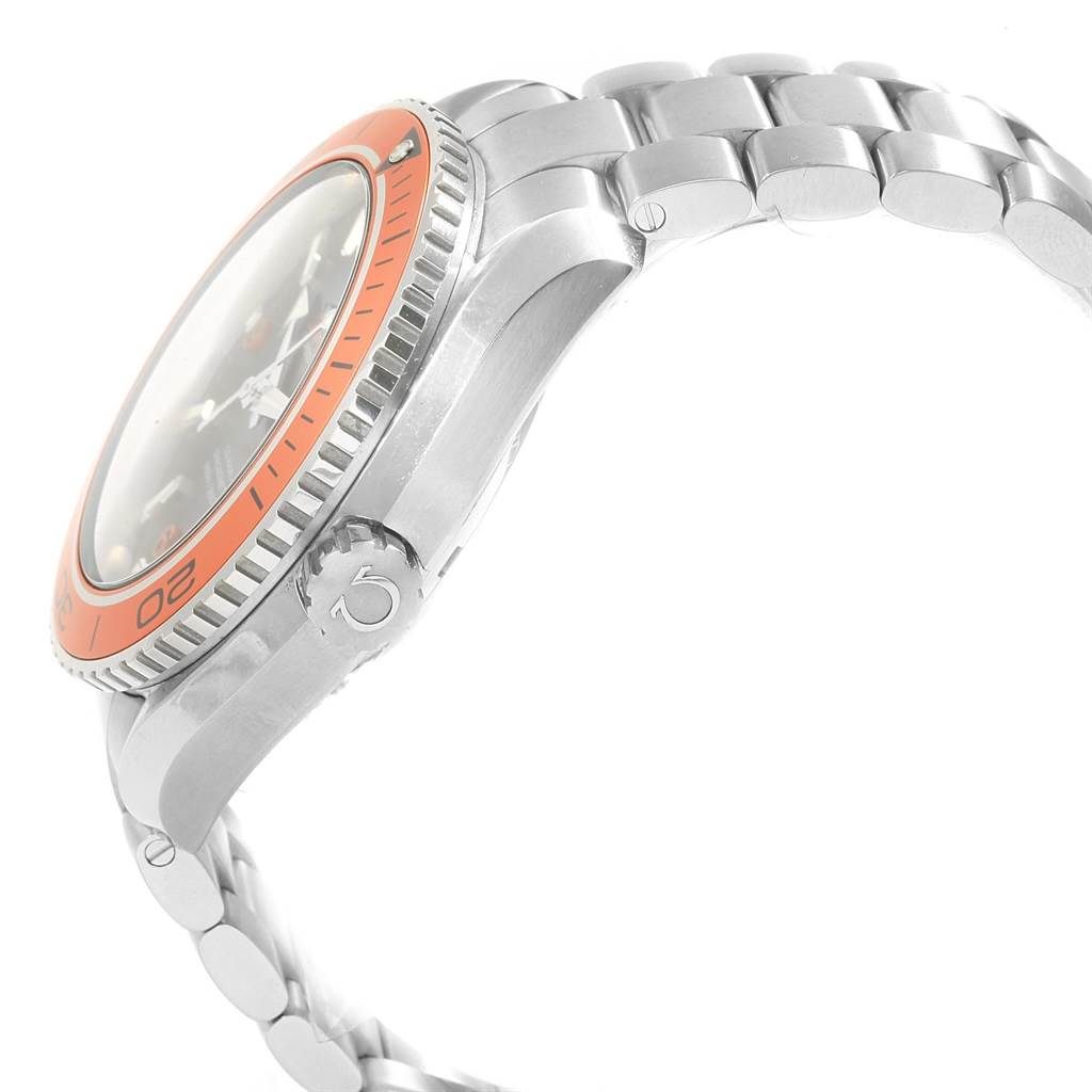 The image displays a side angle of the Omega Planet Ocean 232.30.46.21.01.002 Men
s Stainless Steel Black Dial 232.30.46.21.01.002 Men
s Stainless Steel Black Dial watch, highlighting the crown, bezel, and bracelet.