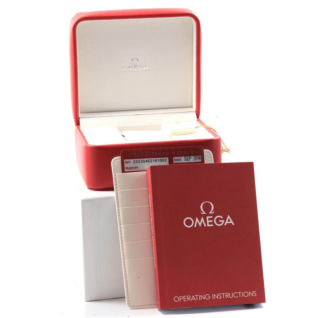 This image shows the packaging, warranty card, and operating instructions for the Omega Planet Ocean 232.30.46.21.01.002 Men
s Stainless Steel Black Dial 232.30.46.21.01.002 Men
s Stainless Steel Black Dial watch.