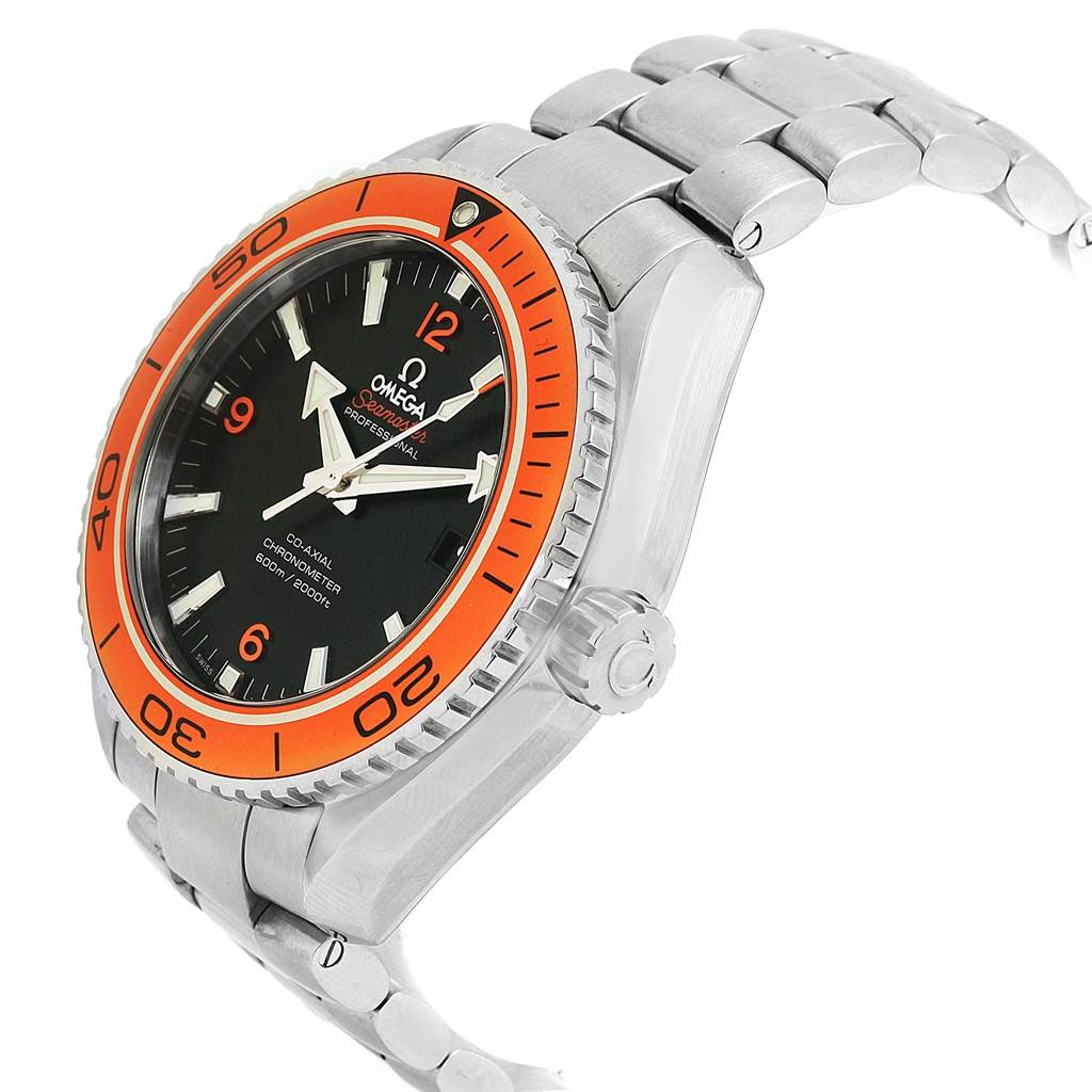 The Omega Planet Ocean 232.30.46.21.01.002 Men
s Stainless Steel Black Dial 232.30.46.21.01.002 Men
s Stainless Steel Black Dial watch is shown at an angled view, highlighting its orange bezel, black dial, and stainless steel bracelet.