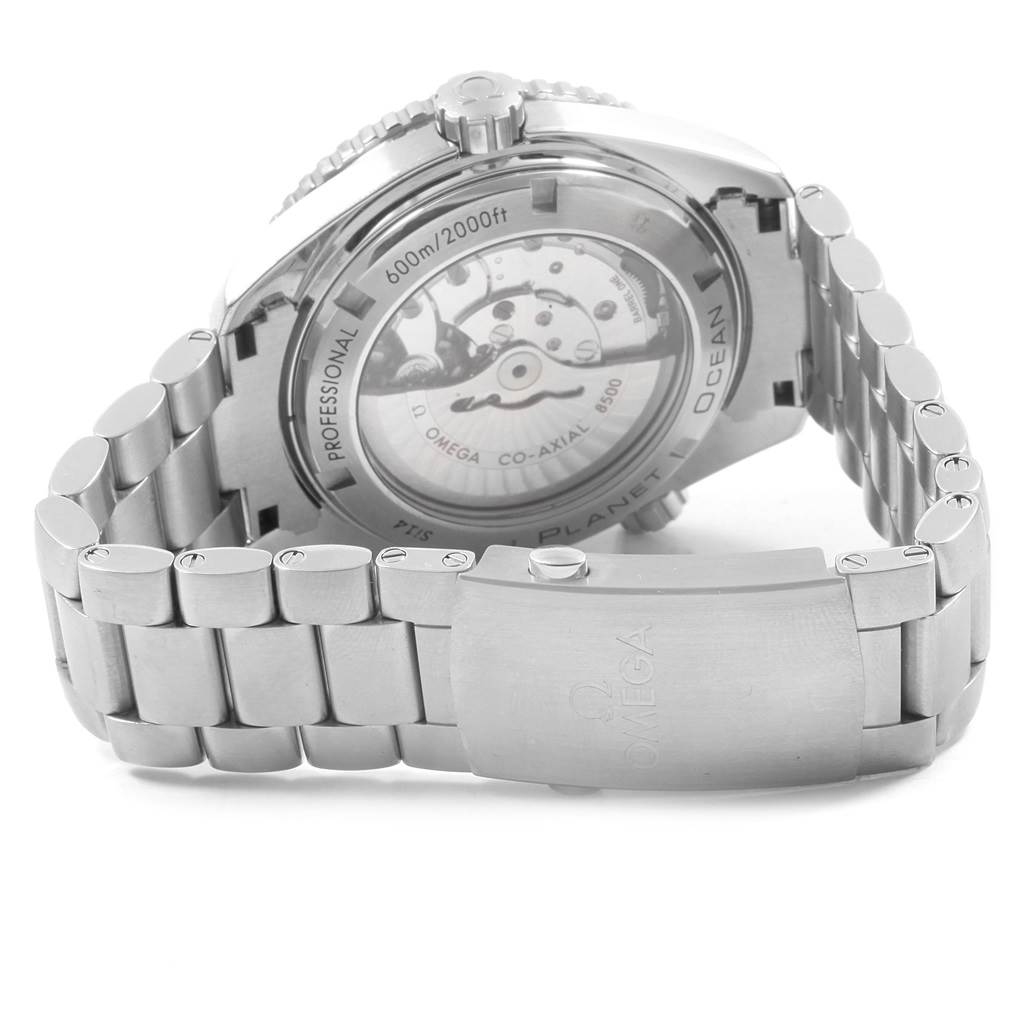 The image shows the back view of the Omega Planet Ocean 232.30.46.21.01.002 Men
s Stainless Steel Black Dial 232.30.46.21.01.002 Men
s Stainless Steel Black Dial watch, displaying its case back, bracelet, and clasp.