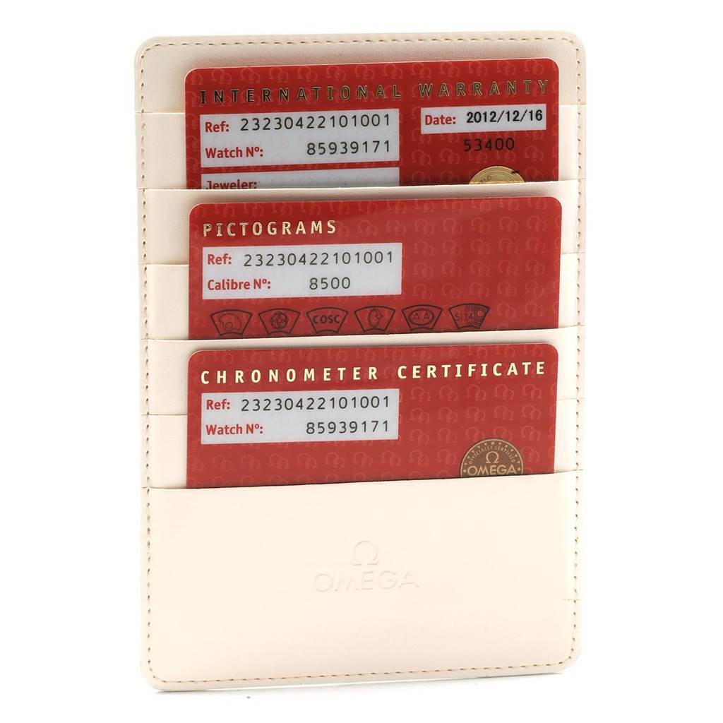 This image shows the warranty and certificates for an Omega Planet Ocean 232.30.42.21.01.001 Men
s Stainless Steel Black Dial 232.30.42.21.01.001 Men
s Stainless Steel Black Dial watch at a front angle.