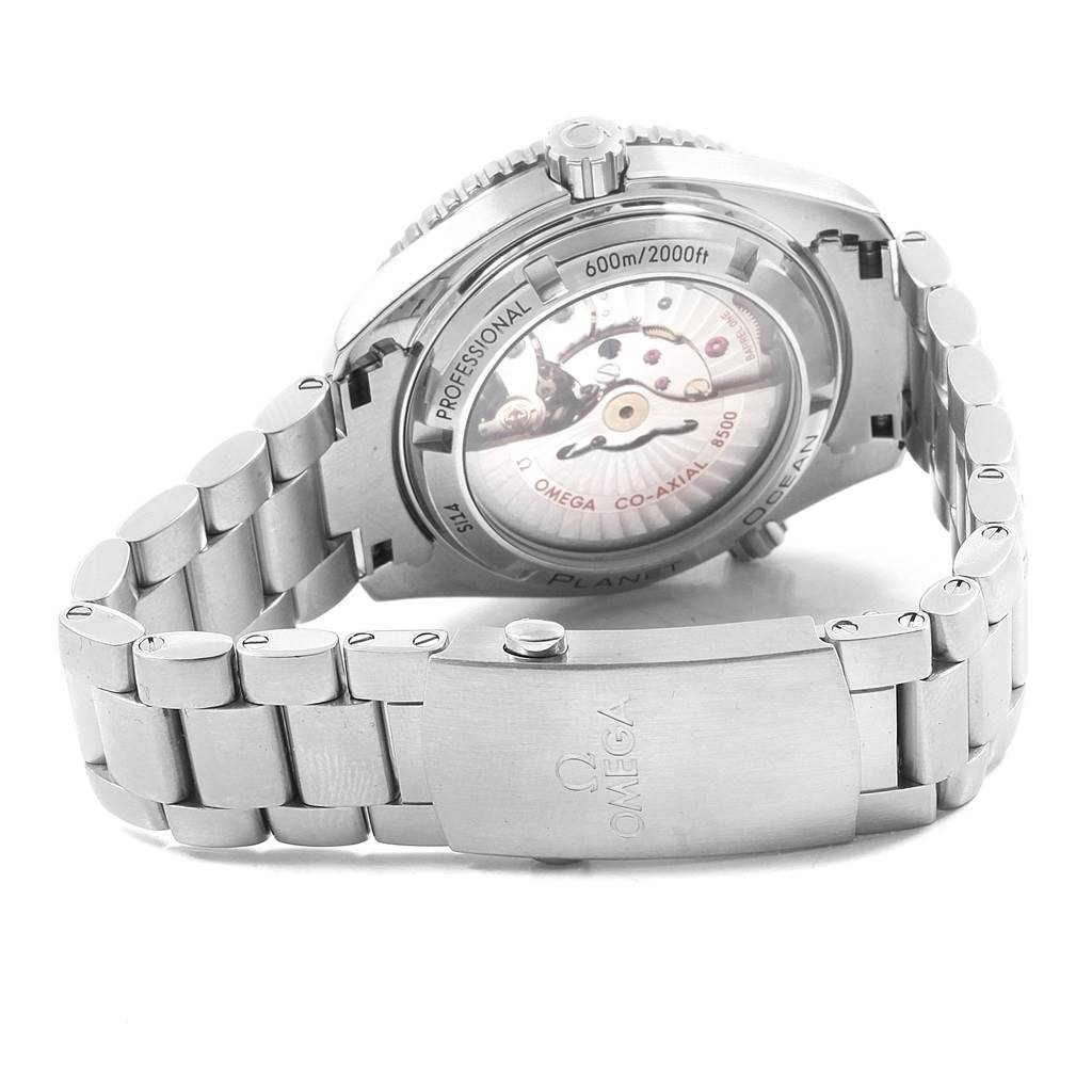 The image shows the back view of the Omega Planet Ocean 232.30.42.21.01.001 Men
s Stainless Steel Black Dial 232.30.42.21.01.001 Men
s Stainless Steel Black Dial watch, highlighting the transparent case back and metal bracelet clasp.